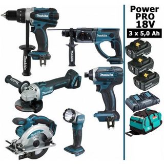 Pack Makita Power PRO 6 outils 18V: DDF458 + DHR202 + DGA504 + DTD152 + DSS610 + Lampe + 3 batt 5Ah + sac