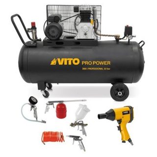 Compresseur d'air 200L 10Bar 400L/min + Clé à choc pneumatique 310Nm + Outils de Gonflage Soufflage Peinture Garage Atelier VITO