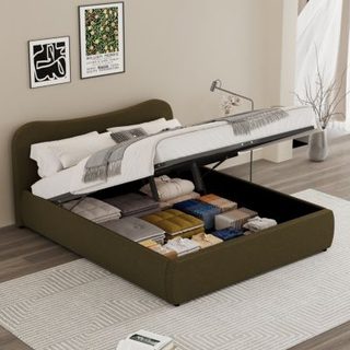 Lit coffre 140x190cm design arrondi velours côtelé vert PLANO