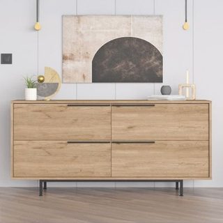 Buffet 4 portes finition bois et métal noir 160x75cm ABEY