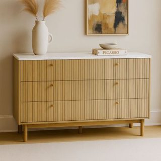 Buffet 6 tiroirs aspect bois rainuré et blanc 120cm BROX
