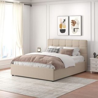 Lit avec coffre de rangement 140x190cm velours beige SANTA