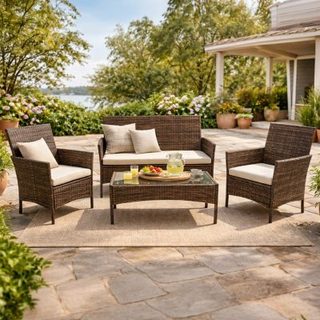 Ensemble de jardin 4 places en résine tressée marron et coussins beige LOOS