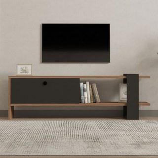 Meuble TV asymétrique gris anthracite avec placard aspect bois 120cm OVA