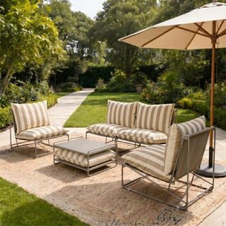 Salon de jardin 4 places à rayures taupe et beige avec table basse ANDRIA
