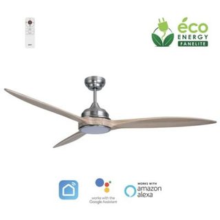 Fanelite - Ventilateur de plafond 164 cm gris et bois SALAZIE - Moteur DC 38W - LED 20W dimmable 3 couleurs - Wifi&Contrôle vocaux