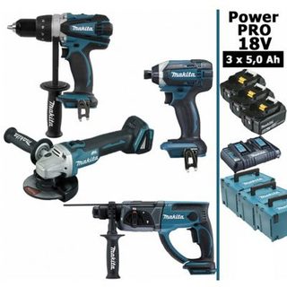 Pack Makita Power PRO 18V: DDF458 + DHR202 + DGA504 + DTD152 + 3 batt 5Ah + 3 Coffrets