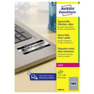 Avery-Zweckform L6008-20 étiquettes plaques signalétiques argentées 25,4 x 10 mm, 3780 pcs
