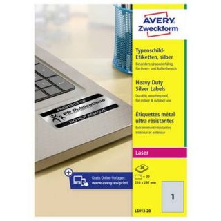 Avery-Zweckform L6013-20 étiquettes plaques signalétiques argentées 210 x 297 mm, 20 pcs