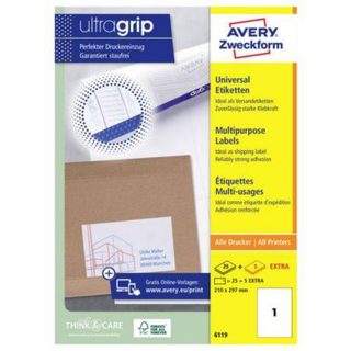 Avery Zweckform 6119 Étiquettes universelles DIN A4 210 x 297 mm, 30 feuilles.