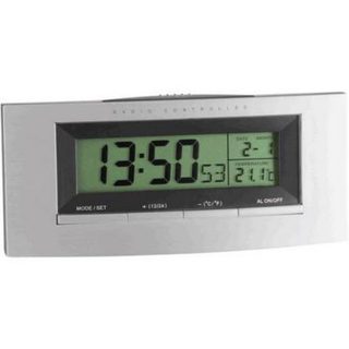 Réveil radiopiloté TFA Dostmann 98.1030 argent noir, affichage température et date.