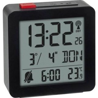 Réveil radiopiloté rectangulaire noir 60.2566.01, affichage LCD rétroéclairé, thermomètre intérieur