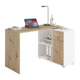Bureau d'angle avec rangements Albrecht - Mélaminé chene et blanc - L83 x H74 x P117 cm