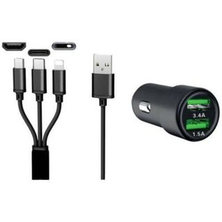 Chargeur auto Dual USB 3 en 1, 12/24 V, 3,4 A, câble 1,2 m
