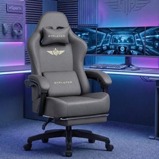 Chaise gaming large en PU, appui-tête et soutien lombaire amovibles, dossier 160 degres, repose-pieds, travail et gaming