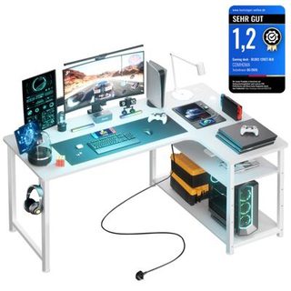 Table de Jeu avec Prise - 130 x 80 cm - Bureau d'angle avec Port de Charge USB et étagère - Bureau d'ordinateur Blanc