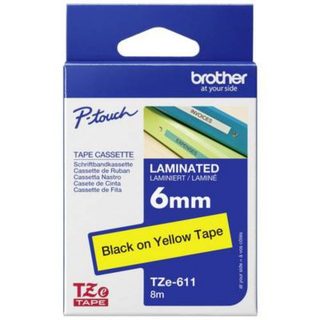 Ruban TZe-611 PET 6 mm x 8 m noir sur jaune, ruban laminé résistant