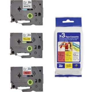 Set de 3 rubans laminés TZe-31M3 12 mm x 8 m blanc jaune rouge, impression noire.
