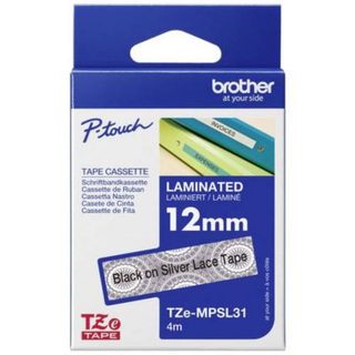 Ruban Brother TZe-MPSL31 12 mm blanc motif dentelle argentée, 4 m