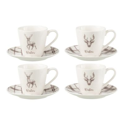 Lot de 4 Tasses à Thé & Sous-Tasses "Renne Winter" 22cl Blanc
