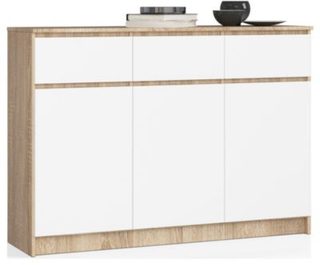 Commode AKORD K140 Chêne Sonoma 138 cm 3 portes 3 tiroirs façade Blanche 6 étagères 138x40x99 cm