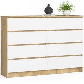 Commode AKORD K140 Chêne Artisan 138 cm 8 tiroirs façade Blanche 138x40x99 cm