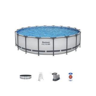 Piscine hors-sol ronde Bestway avec structure en acier et pompe de filtration, diamètre 549 cm, hauteur 122 cm, avec couverture.
