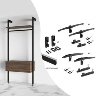Emuca Kit de fixation pour 1 étagère en bois, 1 module et 1 tringle de suspension, longueur 1m Zero, Zamak, Peint en noir texturé
