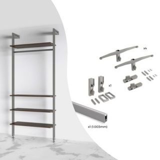Emuca Kit de fixation pour 4 étagères en bois et 1 tringle de suspension de 1m de long Zero, Aluminium et Zamak et Plastique,