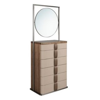 Commode en similicuir, noyer, acier gris et plateau en verre fumé brun avec miroir