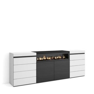 Commode buffet armoire 214x35x75cm feu led sans chaleur blanc et noir
