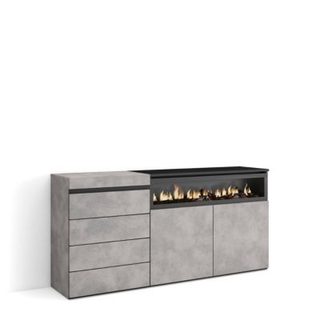 Commode buffet armoire 157x35x75cm feu led sans chaleur gris ciment