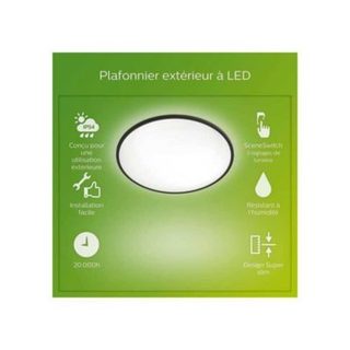 Plafonnier LED Philips SuperSlim 15W Noir IP54 pour extérieur