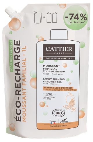 Cattier Recharge - Moussant familial sans sulfate - Parfum Fleur d'oranger - 1L Bio