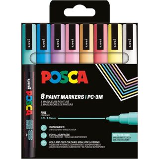 Set de 8 marqueurs pointe conique fine - Couleurs Douces POSCA MARKER Blanc - Bleu clair - Jaune soleil - Abricot - Vert d'eau - Lavande - Corail - R
