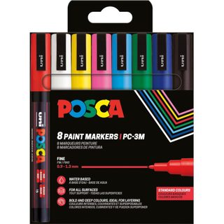 Set de 8 marqueurs pointe conique fine - Couleurs basiques POSCA MARKER Blanc - Noir - Rouge - Bleu Foncé - Jaune - Vert Foncé - Rose - Bleu Clair