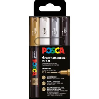 Set de 4 marqueurs pointe conique extra-fine POSCA MARKER Or - Argent - Blanc - Noir