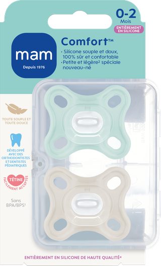 Mam Sucette Comfort Bleu - 0+ Mois - Silicone - Boîte Stérilisation x2