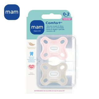 MAM Sucette Comfort Rose - 0-2 Mois - Silicone - Boîte Stérilisation x2