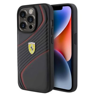 Ferrari Coque en Cuir pour iPhone 15 Pro avec Logo Twist Métal Noir / Rouge
