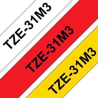 Brother TZe 31M3 - Ruban laminé - noir sur rouge, noir sur blanc, noir sur jaune - Rouleau (1,2 cm x 8 m) - 3 rouleaux - pour P-Touch PT-1000, 1010, 1