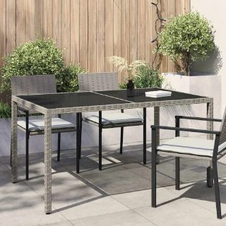 vidaXL Table de jardin 150x90 cm Verre et poly rotin - Gris