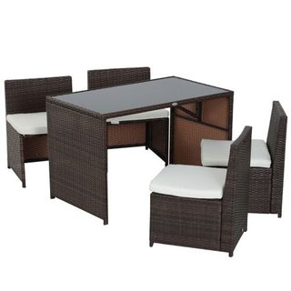 Ensemble salon de jardin encastrable 4 chaises monoblocs avec coussins déhoussables et table résine tressée chocolat