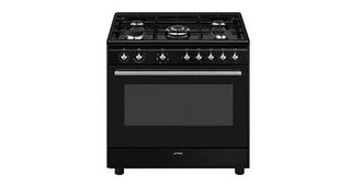 Centre de cuisson 90 cm, 5 bruleurs gaz dont 1 ultra-rapide surpuissant 4 kW, four multifonction (9 dont double chaleur tournante), nettoyage catalyse, moufle geant 115 litres nets, eclairage 2 halogenes, classe A, compartiment de rangement abattant