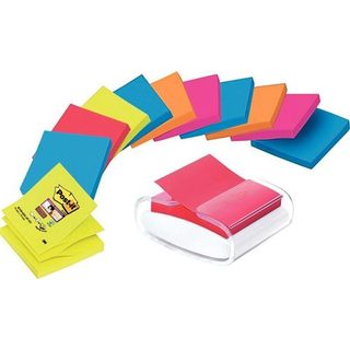 Post It Distributeur blanc de Z-Notes Pro Desk avec Z-Notes 76 x 76 mm Collections Bangkok et Bora-Bora Couleurs Assorties 12 x 100 feuilles PRO-W-12SSCOL-R330