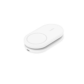 Socle de recharge 2-en-1 aimanté et pliable Belkin BoostCharge 15 W Blanc + câble USB-C 1,5 m