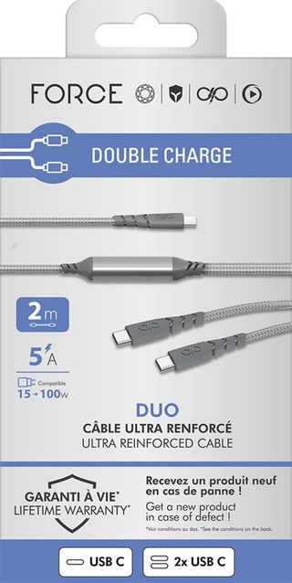 Câble Duo Ultra-renforcé USB C/USB C Force Power 100 W Gris + USB-C 2 m