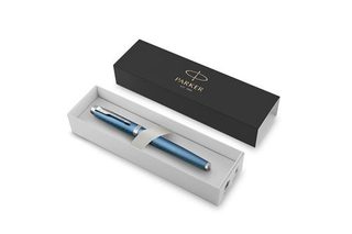 Stylo roller Parker IM Premium Bleu et Gris avec finition chrome pointe fine