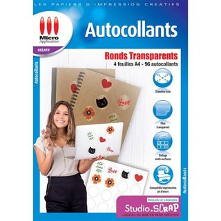 Pack de 4 feuilles A4 autocollants ronds Micro Application Transparent