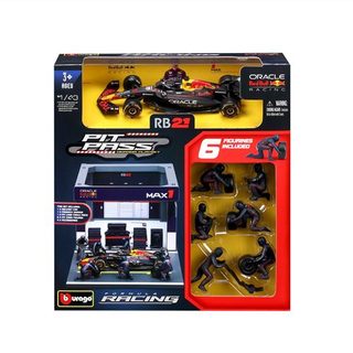 Bburago Pit-Stop avec véhicule + figurines mécaniciens + paddock + accessoires Red Bull RB21 pilote #1 Verstappen